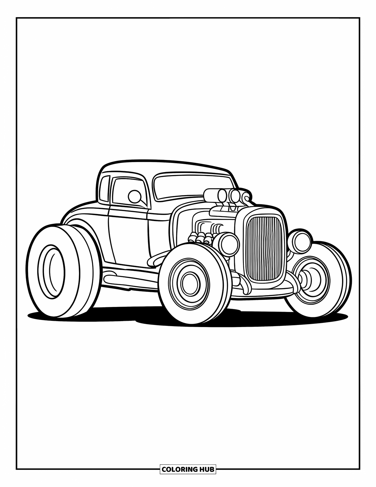 Hot Rod Coloring Page for Kids: Cartoon hot rod with oversized wheels on white background