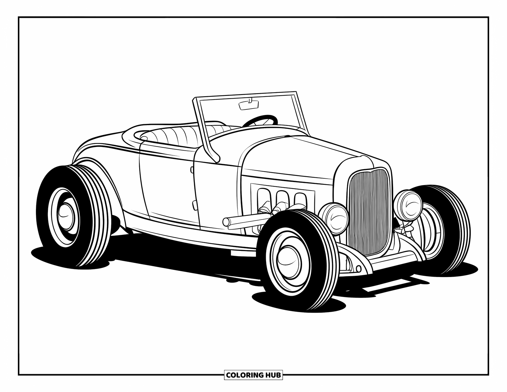 Hot Rod Coloring Page for Kids: Classic low convertible hot rod with round headlights