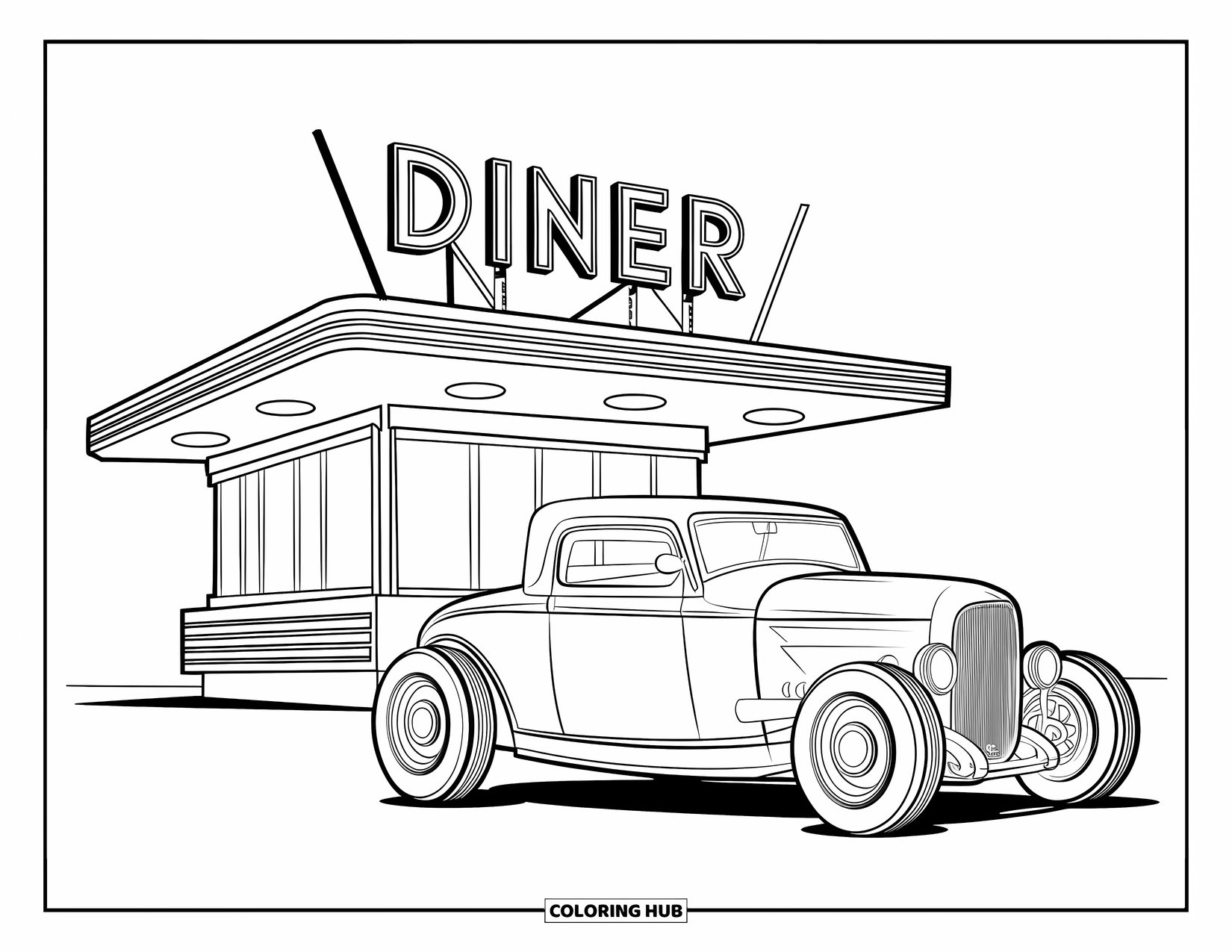 Hot Rod Coloring Page for Kids: Curved-body hot rod at a diner with flat-roof building