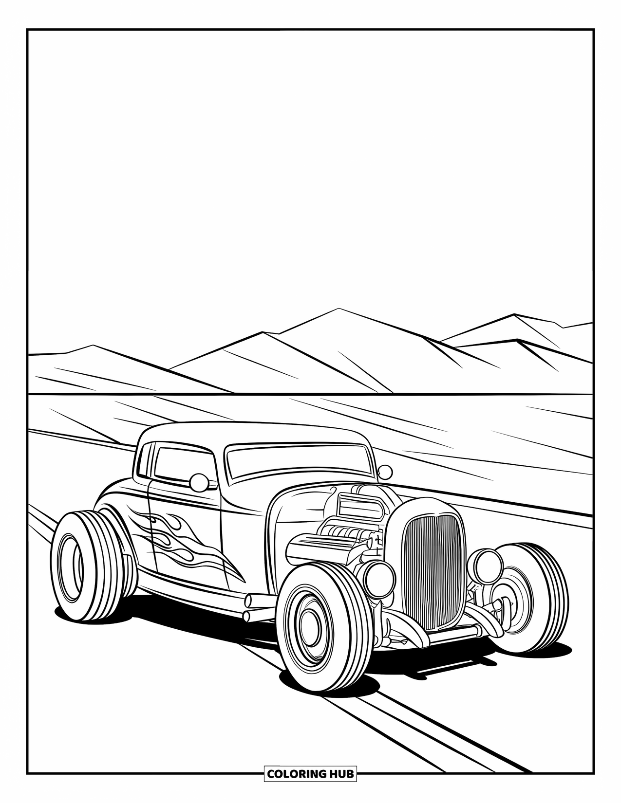 Hot Rod Coloring Page for Kids: Flame-detailed hot rod on a desert highway with mountains behind
