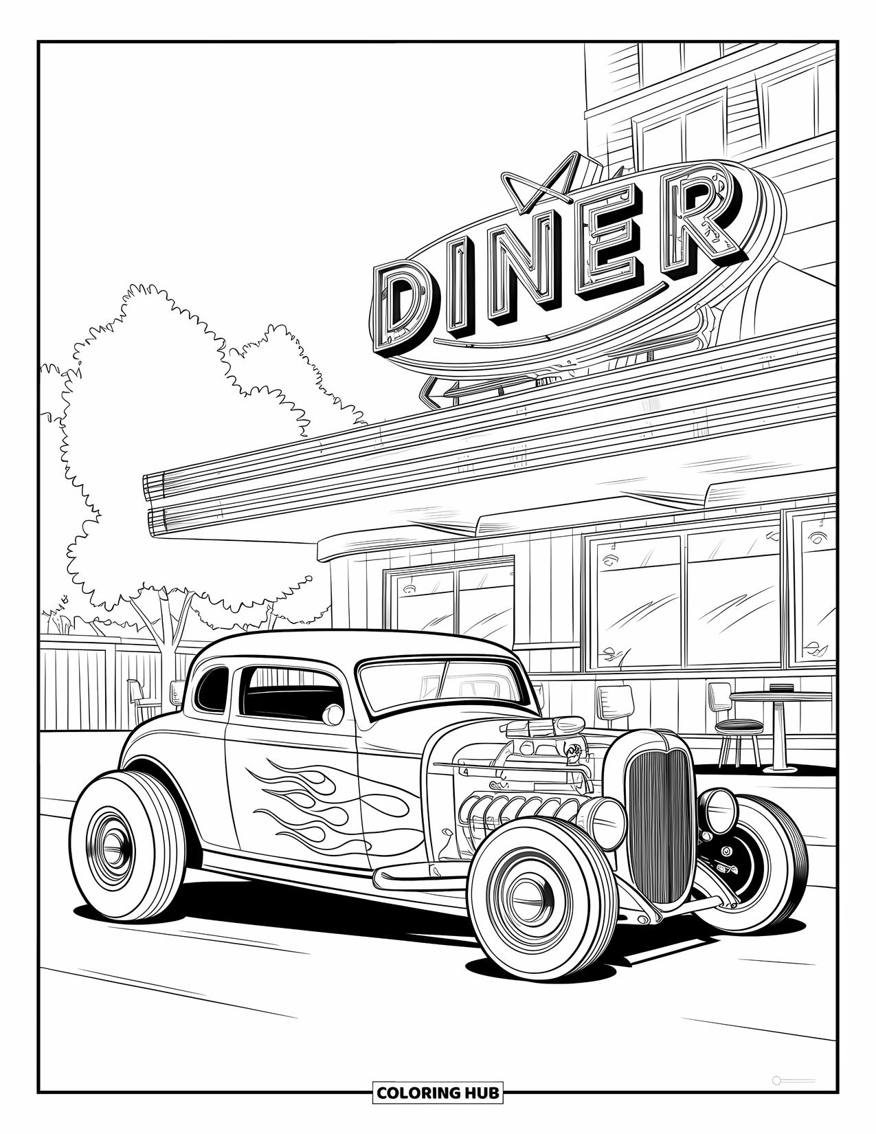Hot Rod Coloring Page for Kids: Flame-painted hot rod at a diner with a neon sign and menu board