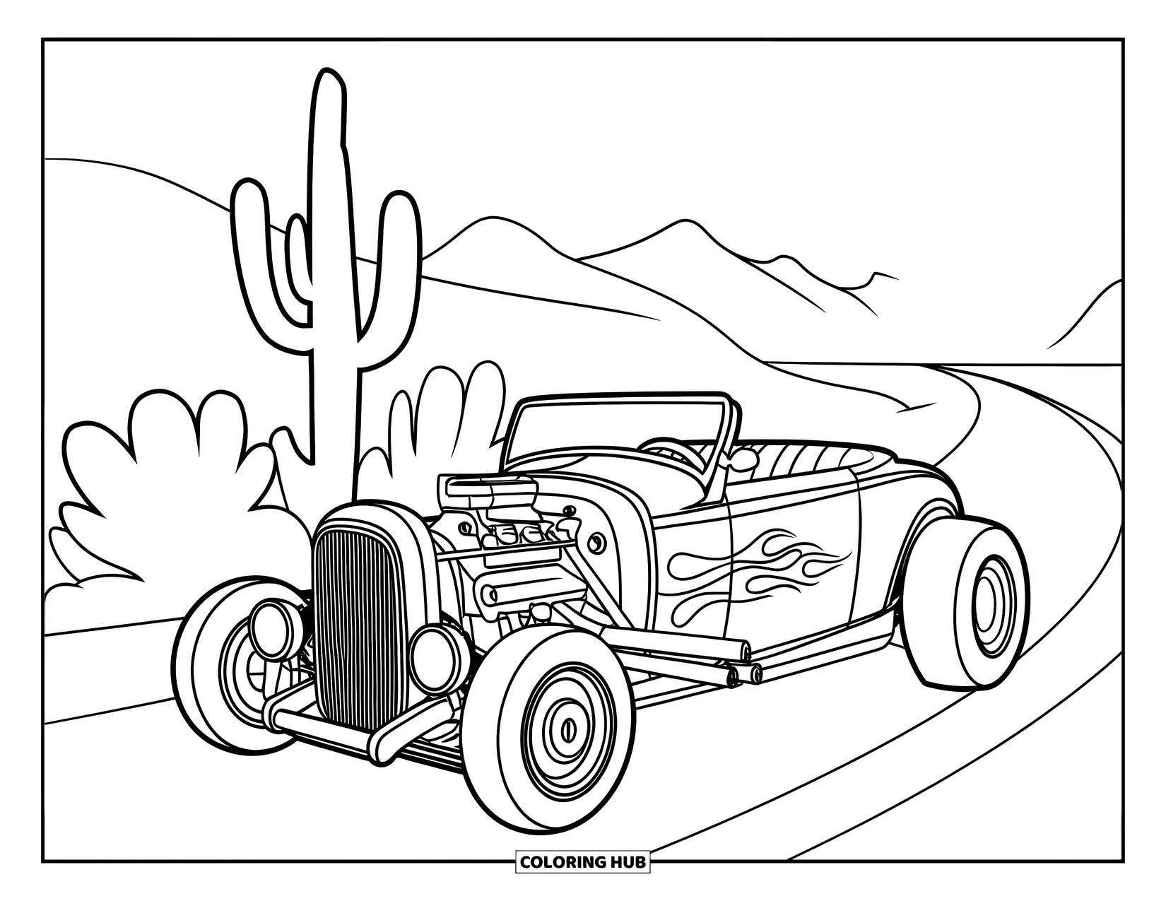 Hot Rod Coloring Page for Kids: Flame-painted hot rod on Route 66 with cacti in the foreground