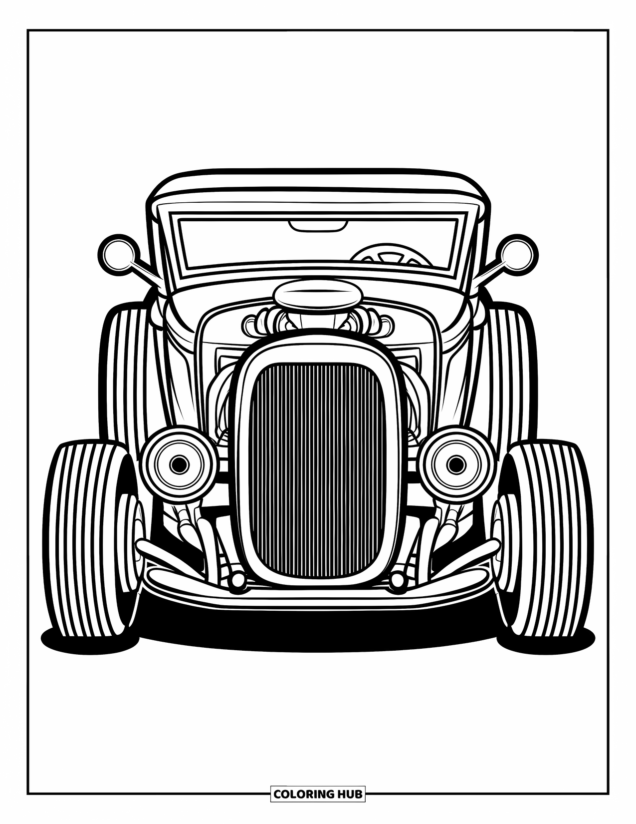Hot Rod Coloring Page for Kids: Front-view hot rod with wide grille and bold outlines