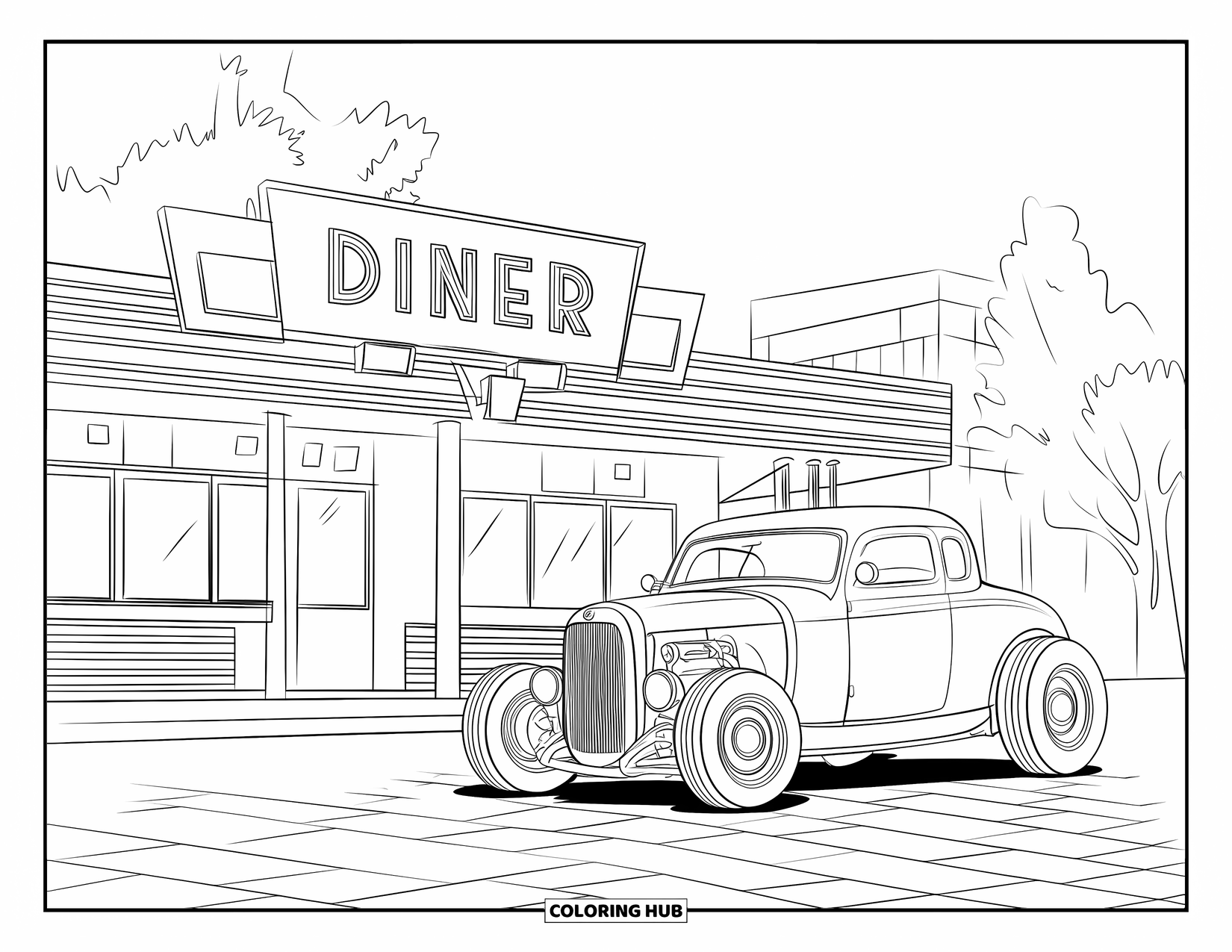 Hot Rod Coloring Page for Kids: Hot rod at a diner with trees and a building in the background