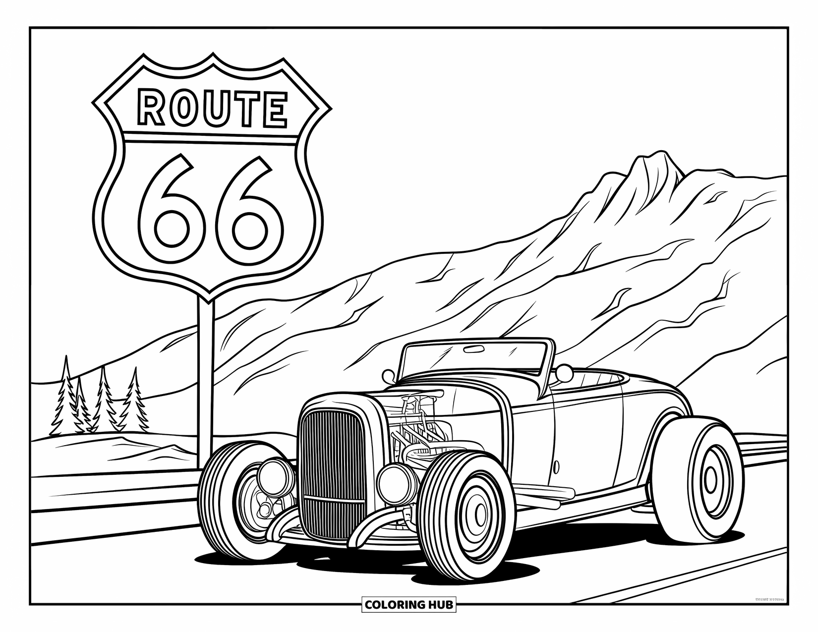 Hot Rod Coloring Page for Kids: Hot rod beneath Route 66 sign with rugged mountain scenery