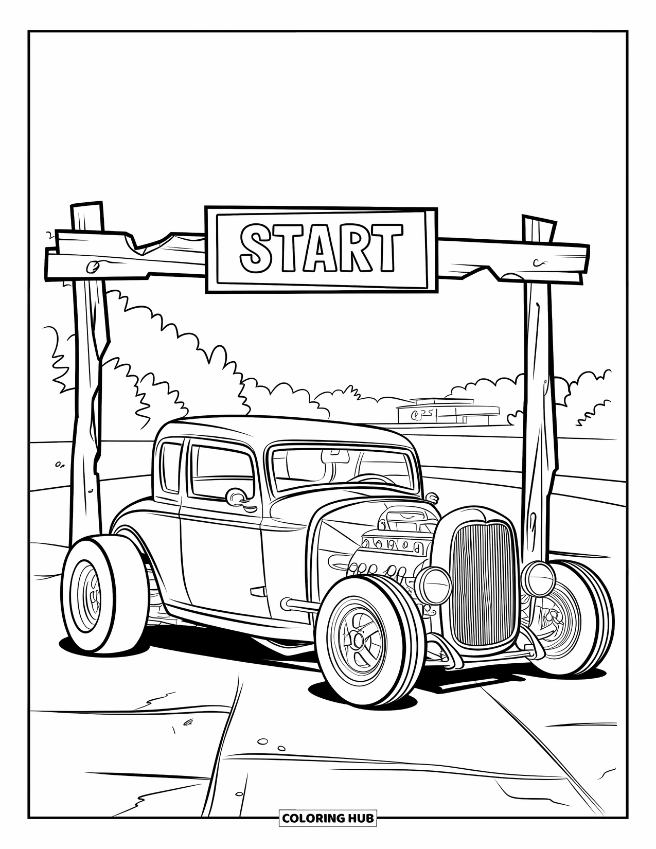 Hot Rod Coloring Page for Kids: Hot rod beneath wooden start arch with trees in background