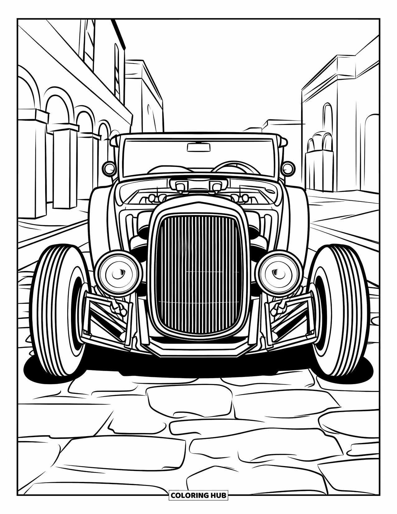 Hot Rod Coloring Page for Kids: Hot rod front view on cobblestone street with arched buildings