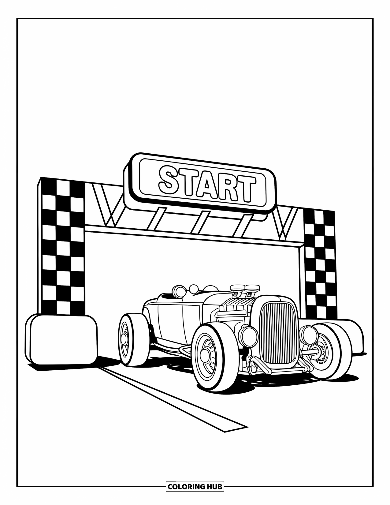 Hot Rod Coloring Page for Kids: Hot rod under a race start arch with "START" sign