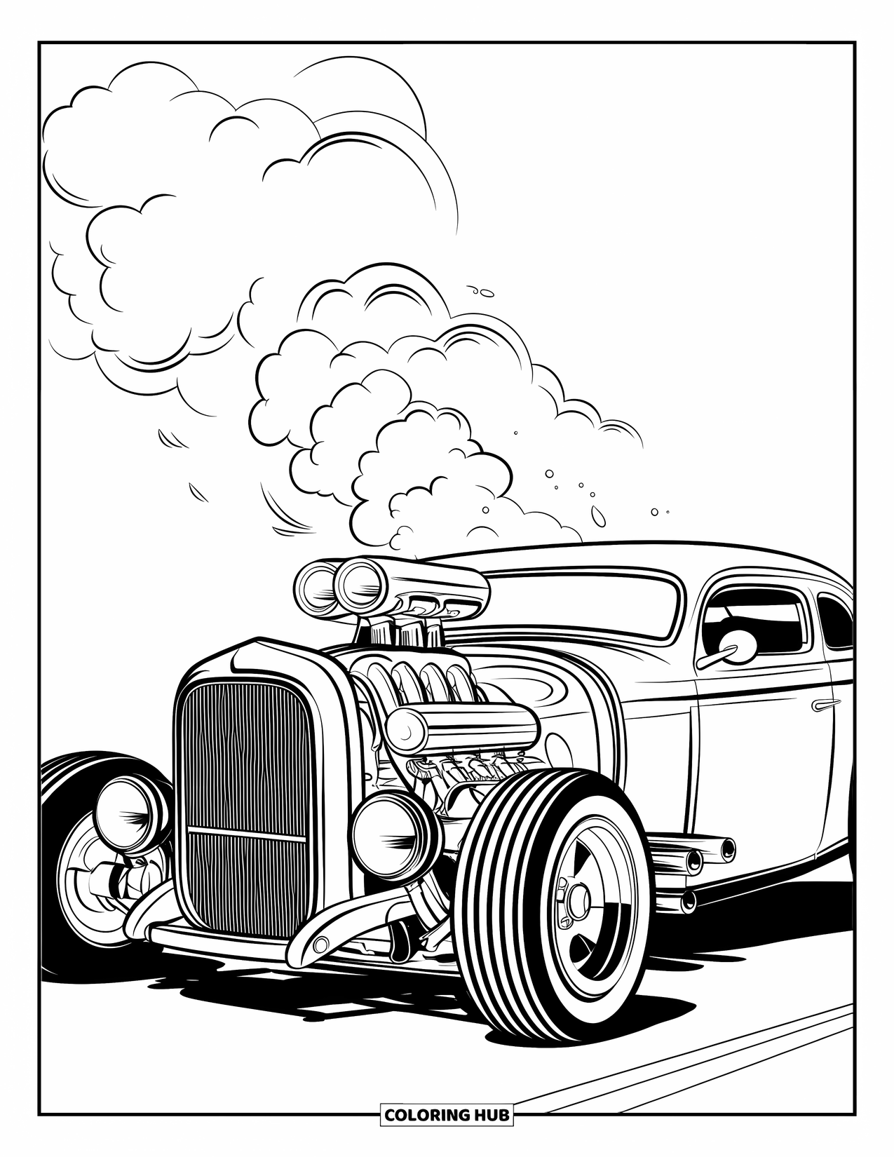 Hot Rod Coloring Page for Kids: Hot rod with large engine and smoke from exhaust