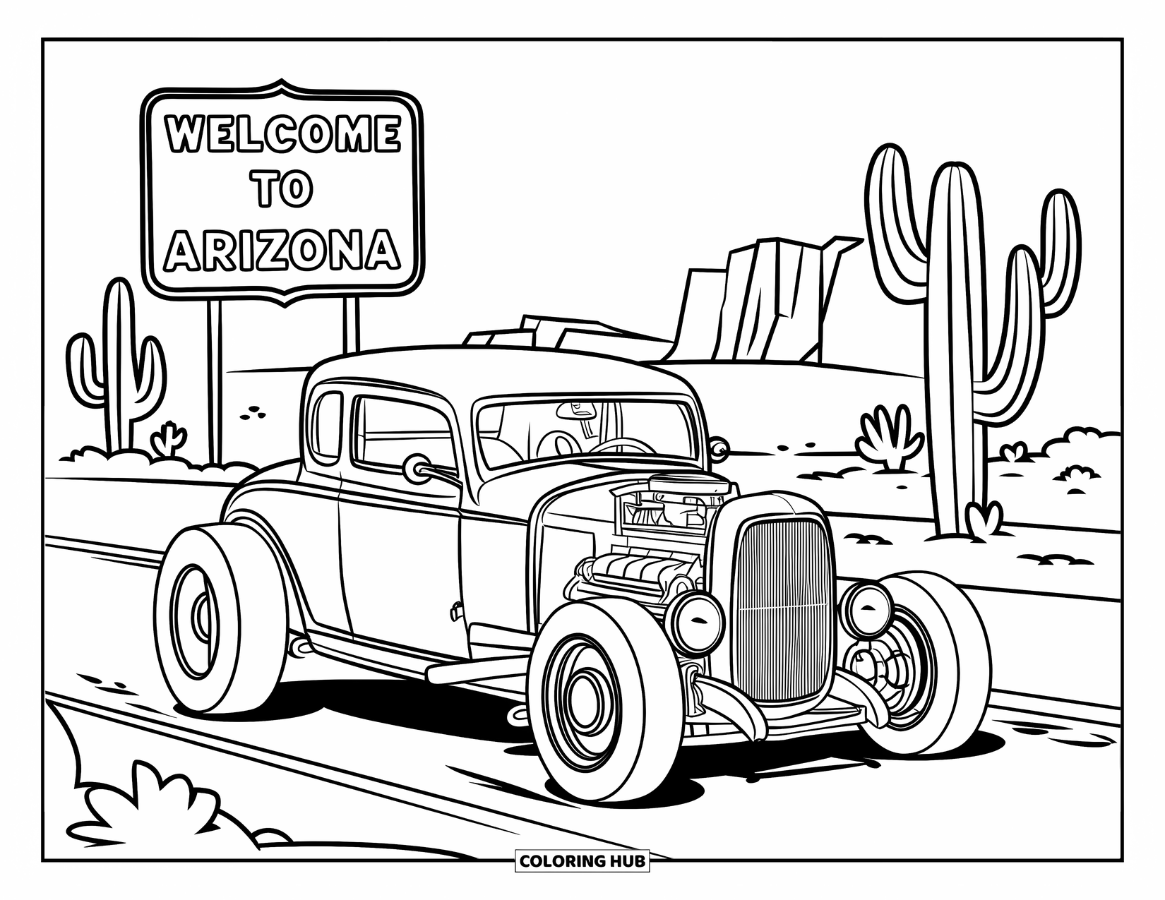 Hot Rod Coloring Page for Kids: Hot rod with wide wheels driving past Arizona welcome sign