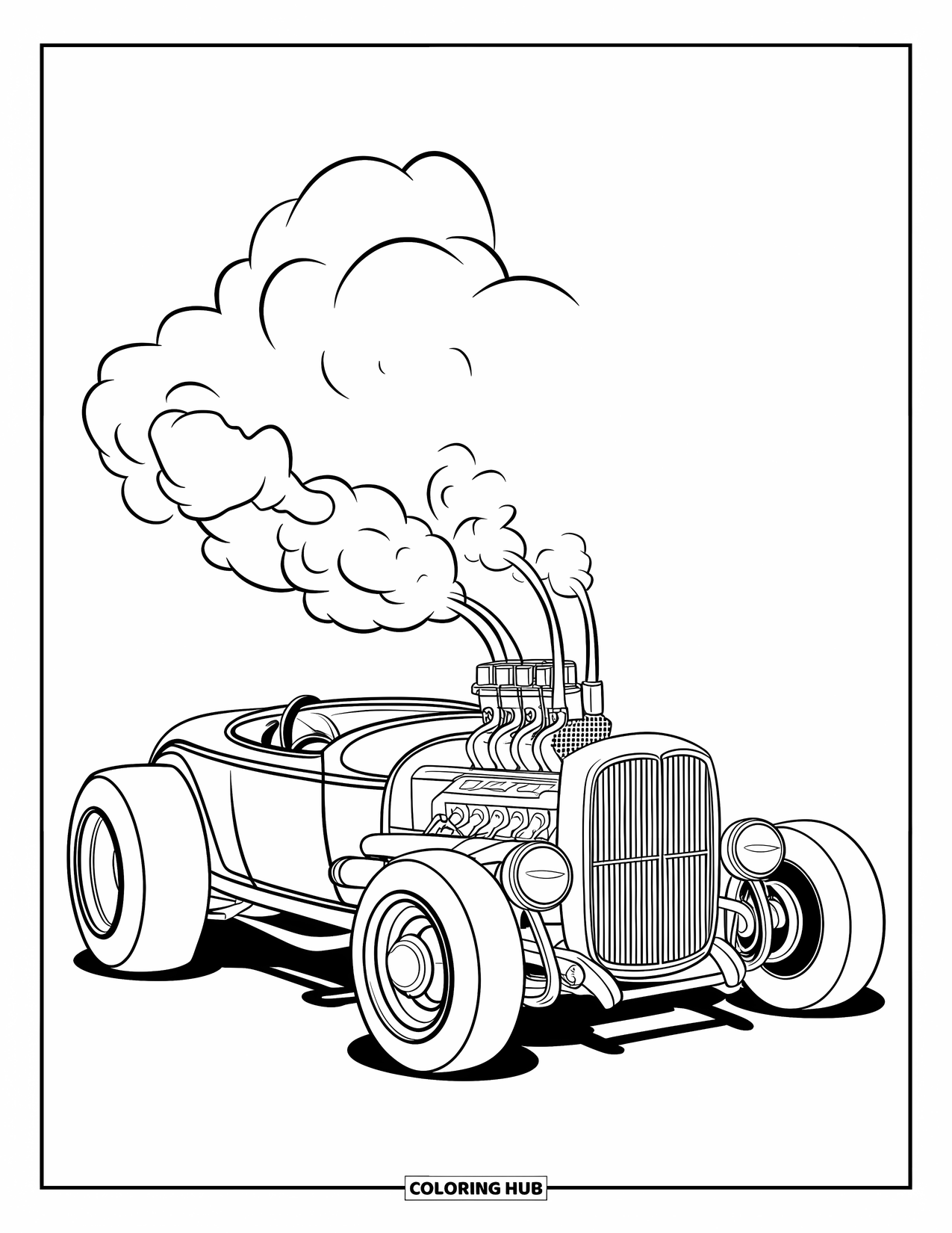 Hot Rod Coloring Page for Kids: Red hot rod with large engine and smoke puffs