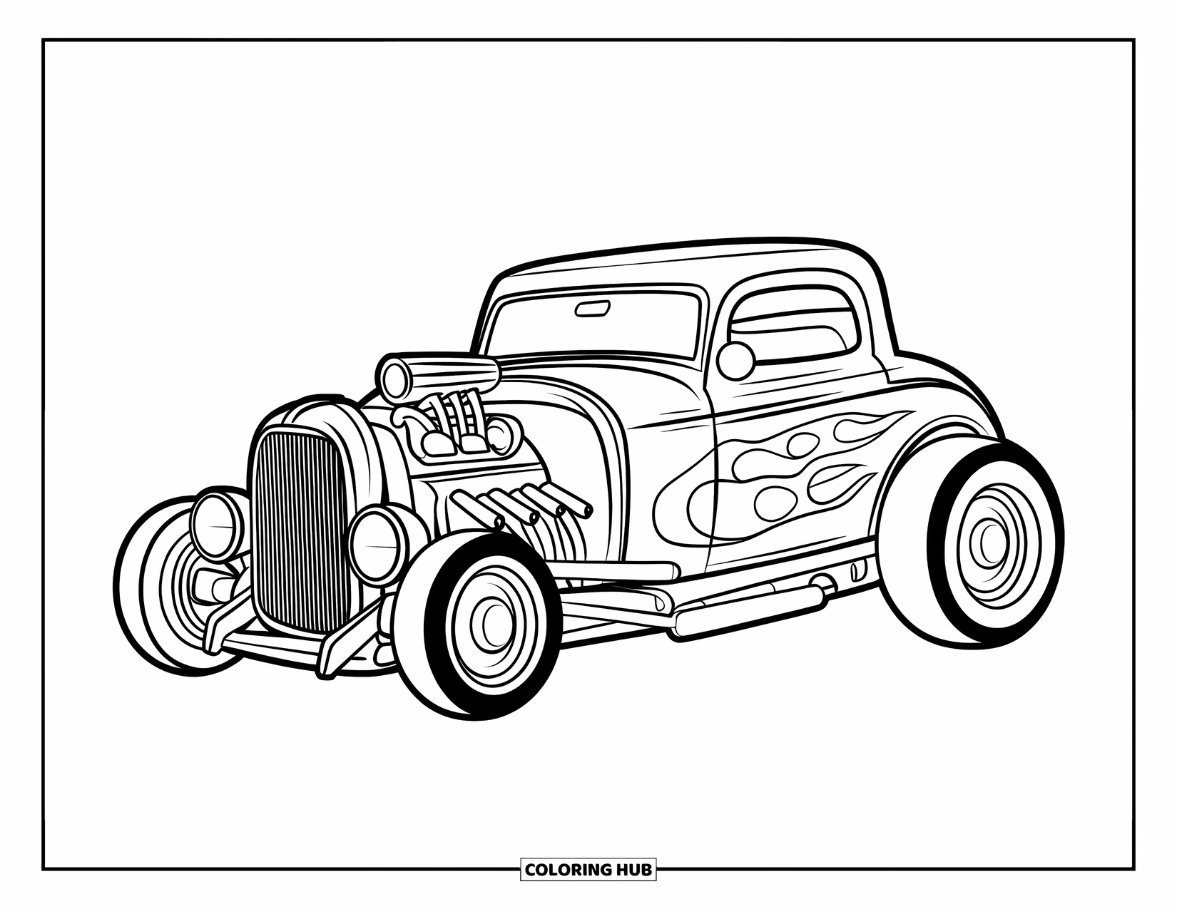 Hot Rod Coloring Page for Kids: Simplified hot rod with short flame pattern on white background