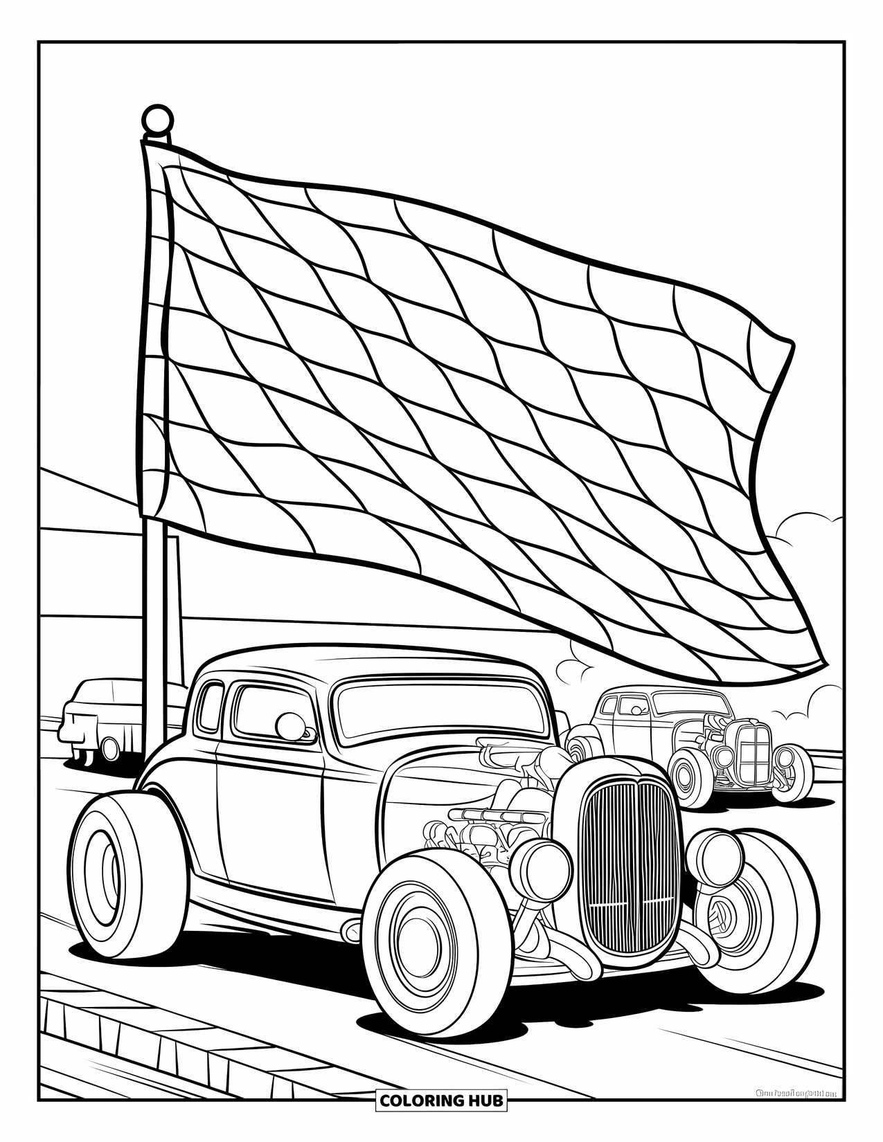 Hot Rod Coloring Page for Kids: Sleek hot rod at car show with other cars and a flag
