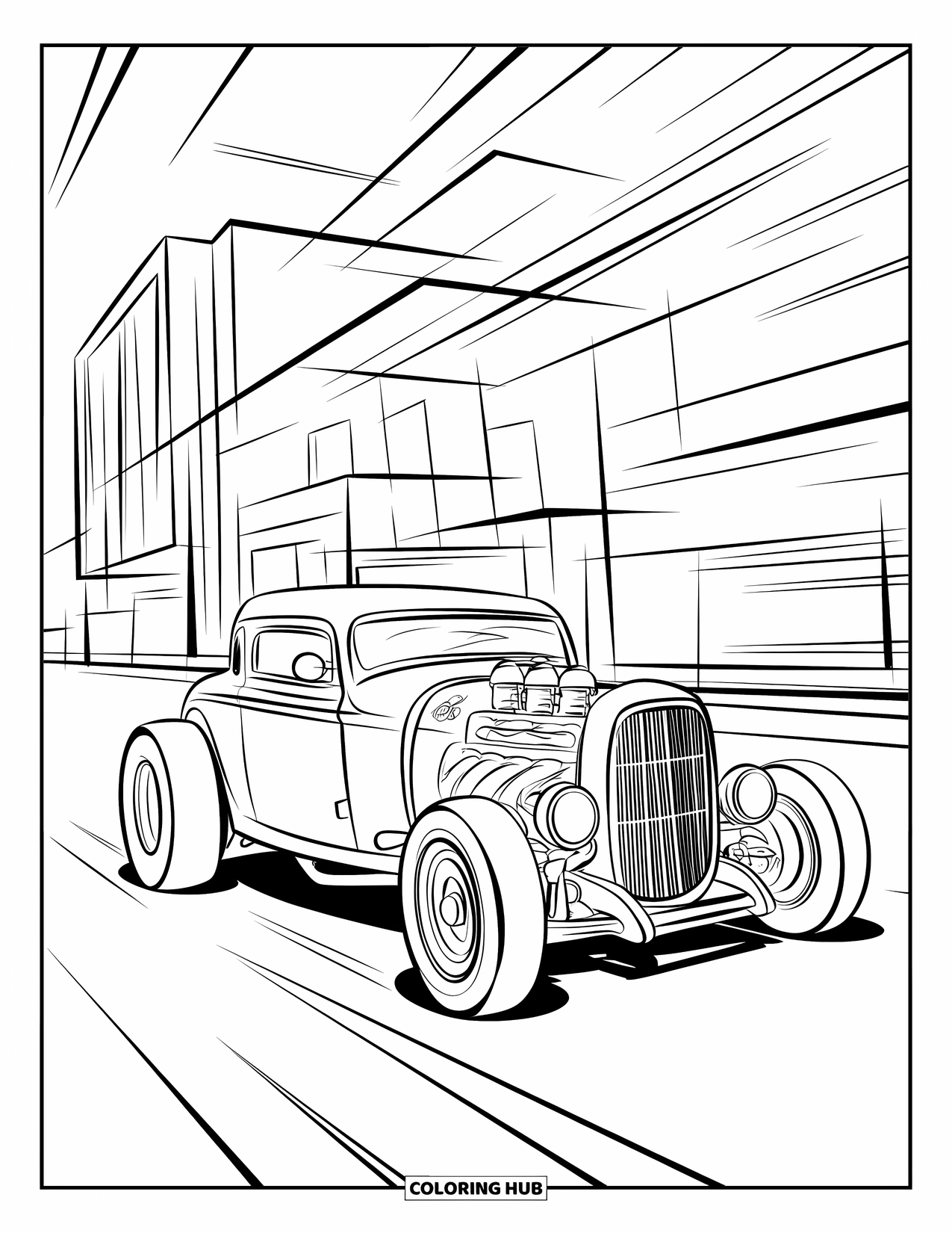 Hot Rod Coloring Page for Kids: Sleek hot rod racing down a city street with motion lines
