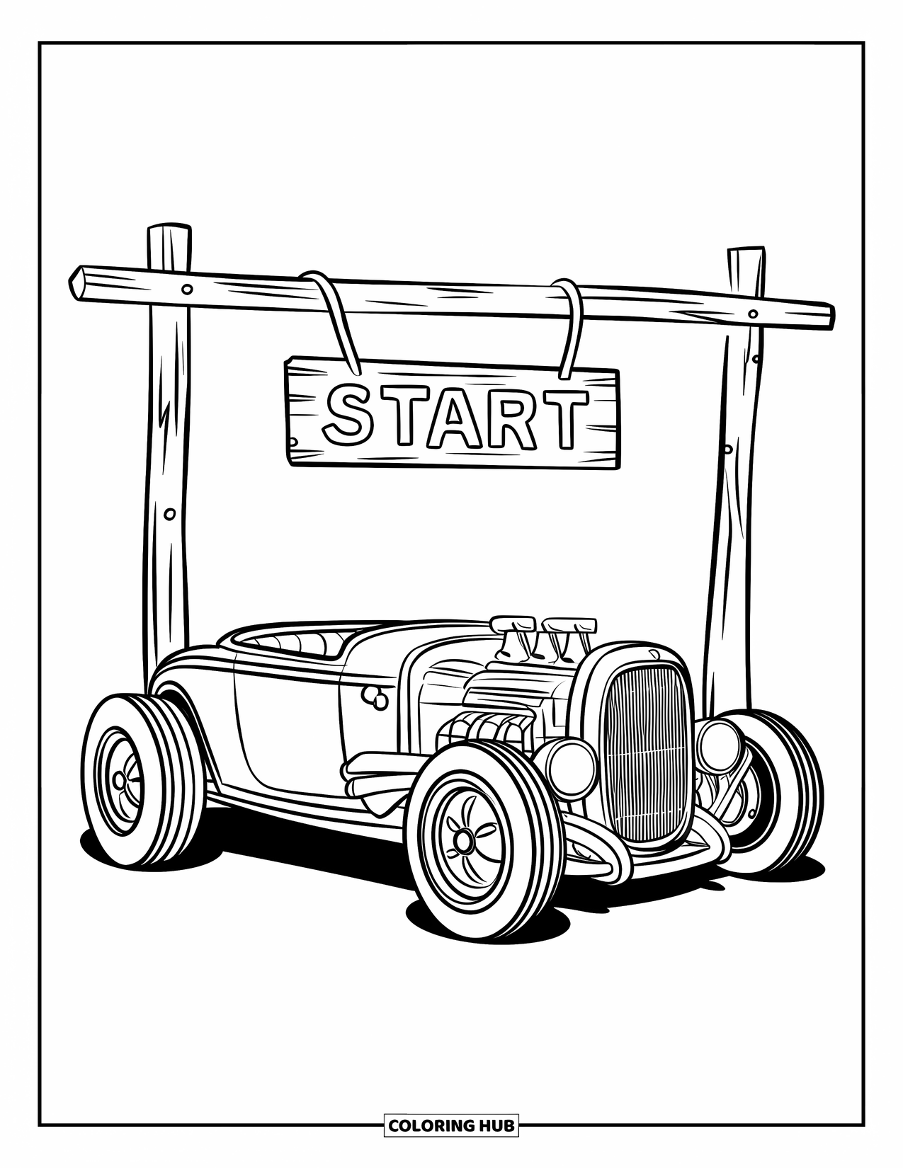 Hot Rod Coloring Page for Kids: Streamlined hot rod under a start arch with nailed wooden sign