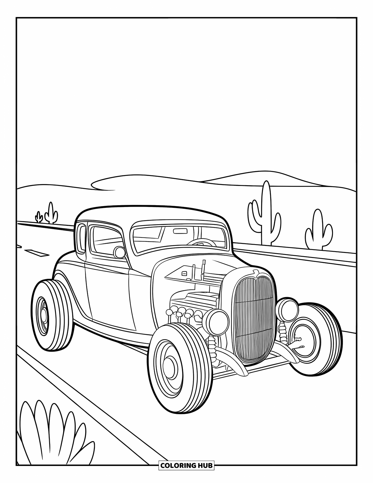 Hot Rod Coloring Page for Kids: Vintage hot rod on a desert highway with cacti along the roadside