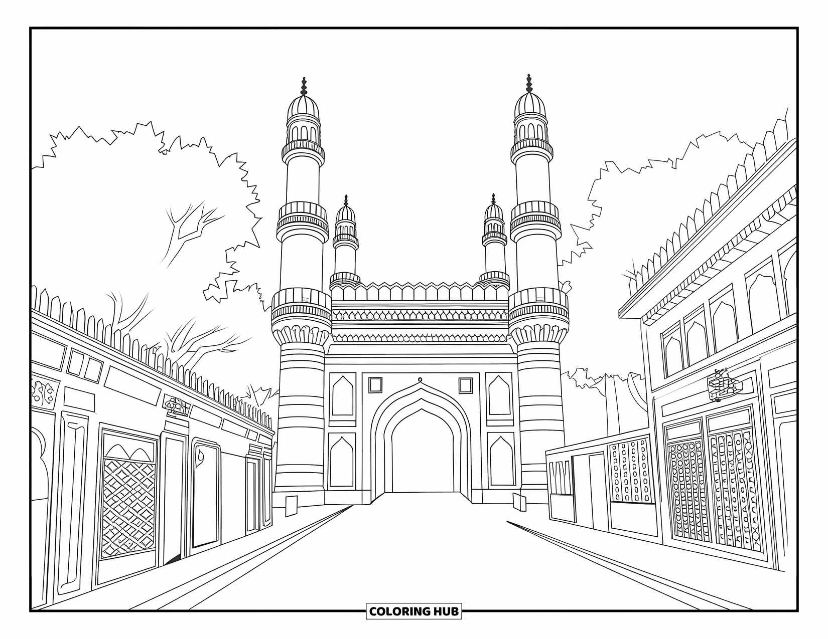 India Coloring Page for Adults: Charminar with four minarets surrounded by shops and buildings