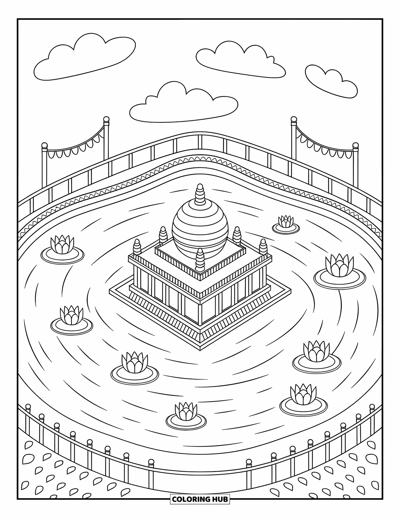 India Coloring Page for Adults: Golden Temple reflected in rippling water with prayer flags