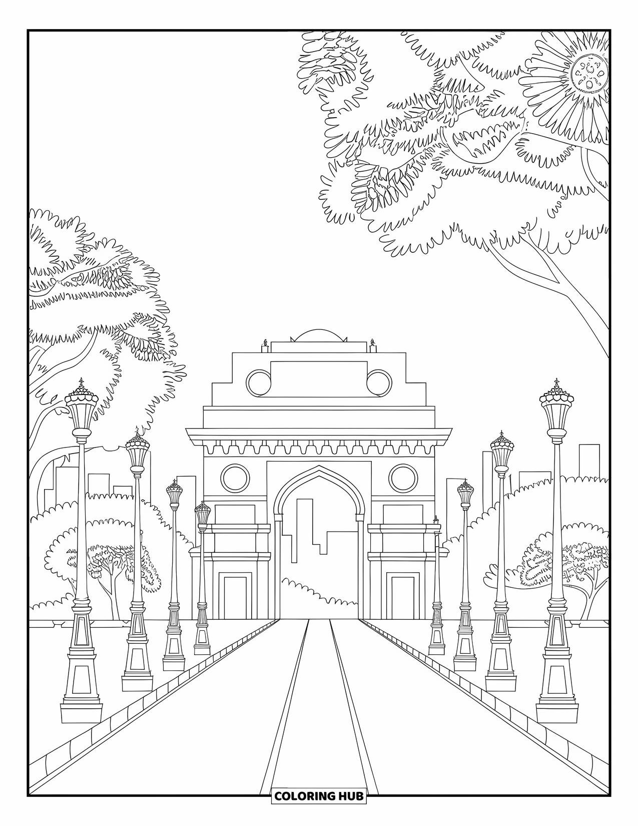 India Coloring Page for Adults: India Gate with skyline, trees, and ornate patterns