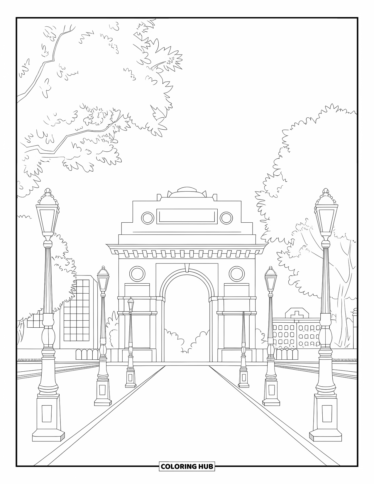 India Coloring Page for Adults: India Gate with trees and classic lamp posts nearby