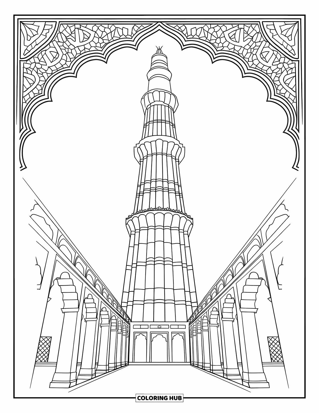 India Coloring Page for Adults: Qutub Minar with ruins and artistic design details