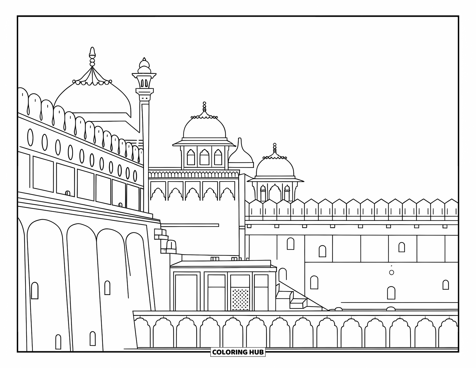 India Coloring Page for Adults: Red Fort with domes, massive walls, and intricate architectural details