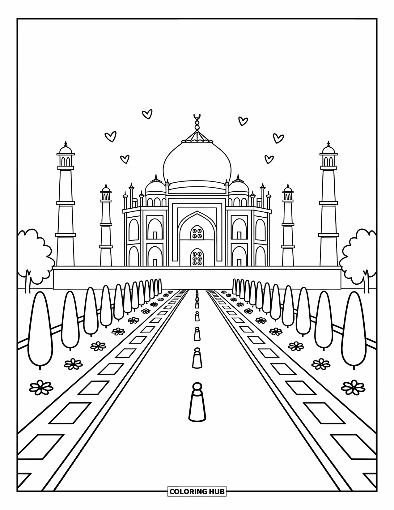 India Coloring Page for Adults: Taj Mahal centered with minarets, flowers, and serene pool