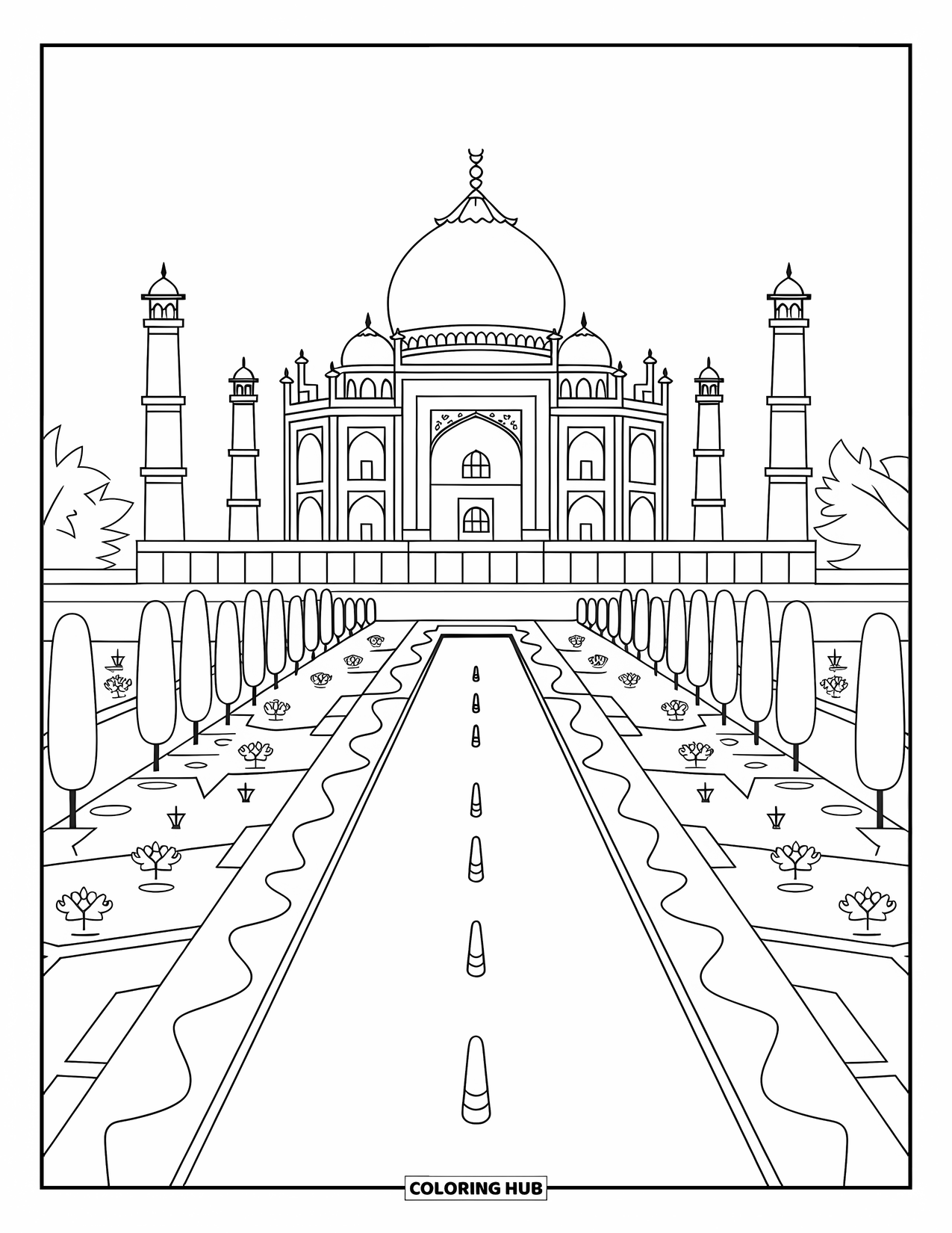 India Coloring Page for Adults: Taj Mahal with gardens, carvings, and calm reflection pool