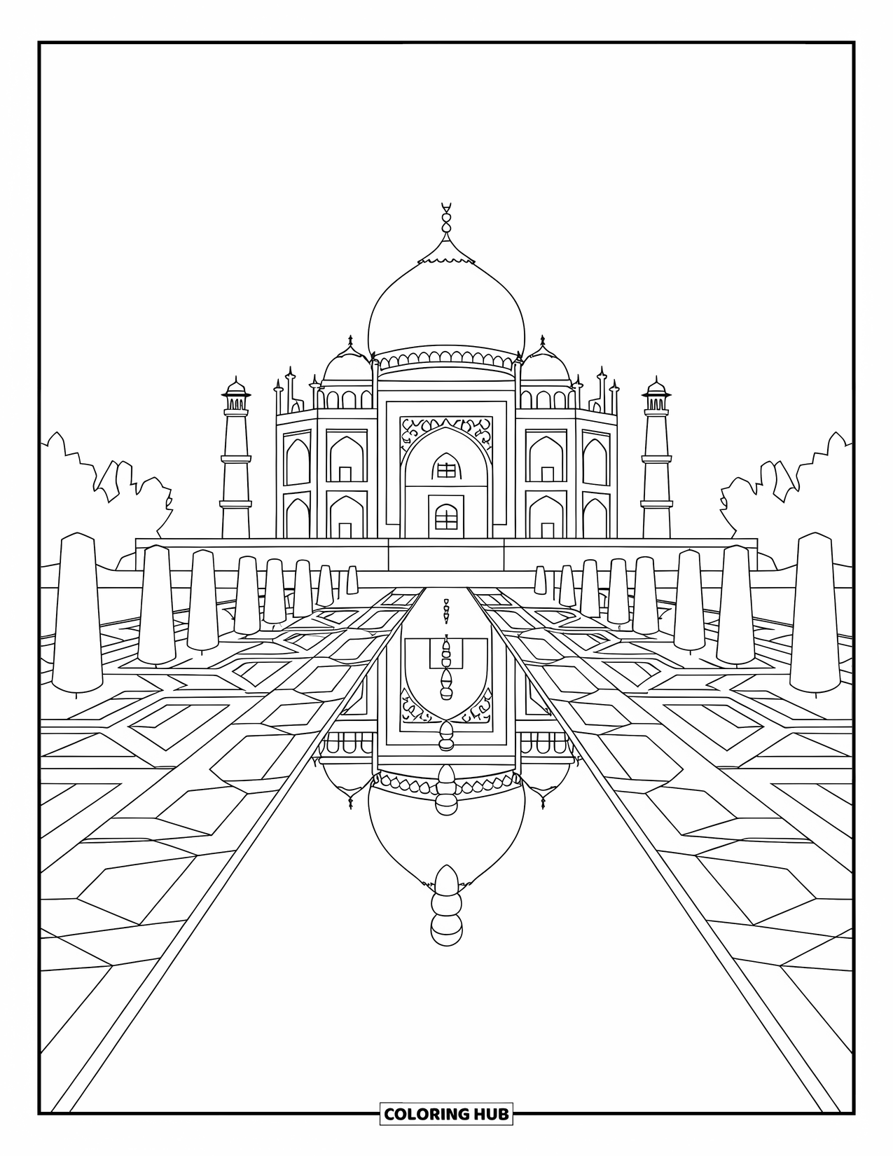 India Coloring Page for Adults: Taj Mahal with reflecting pool, gardens, and tall trees
