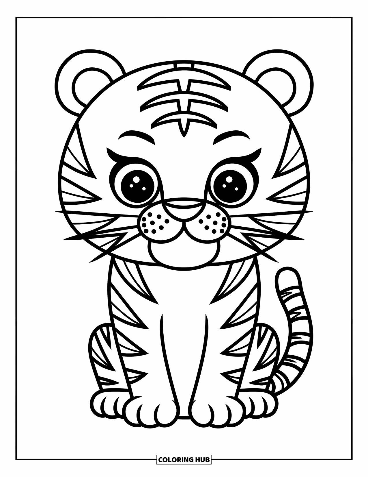India Coloring Page for Kids: Cute tiger sitting calmly with stripes
