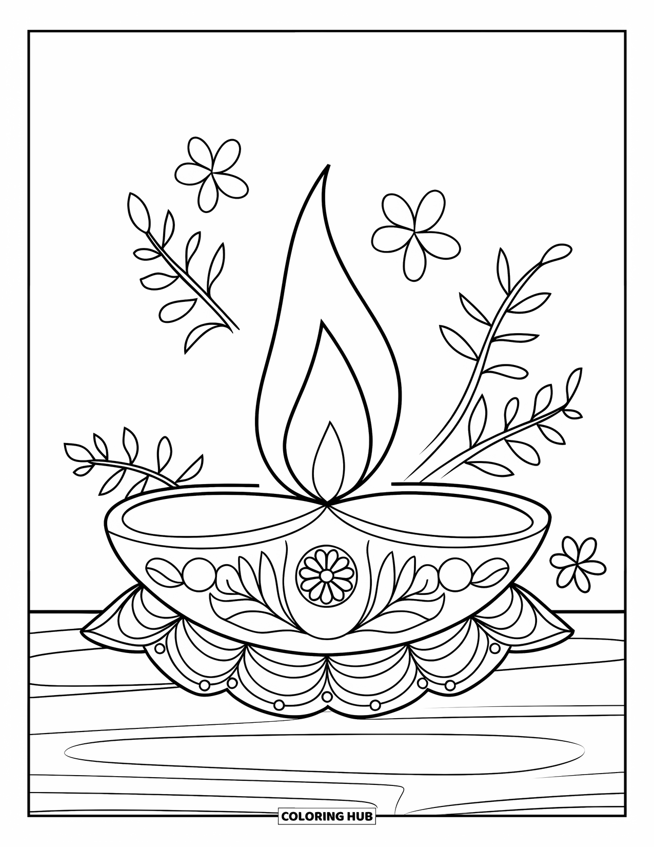 India Coloring Page for Kids: Decorative diya lamp with flowers and leaves