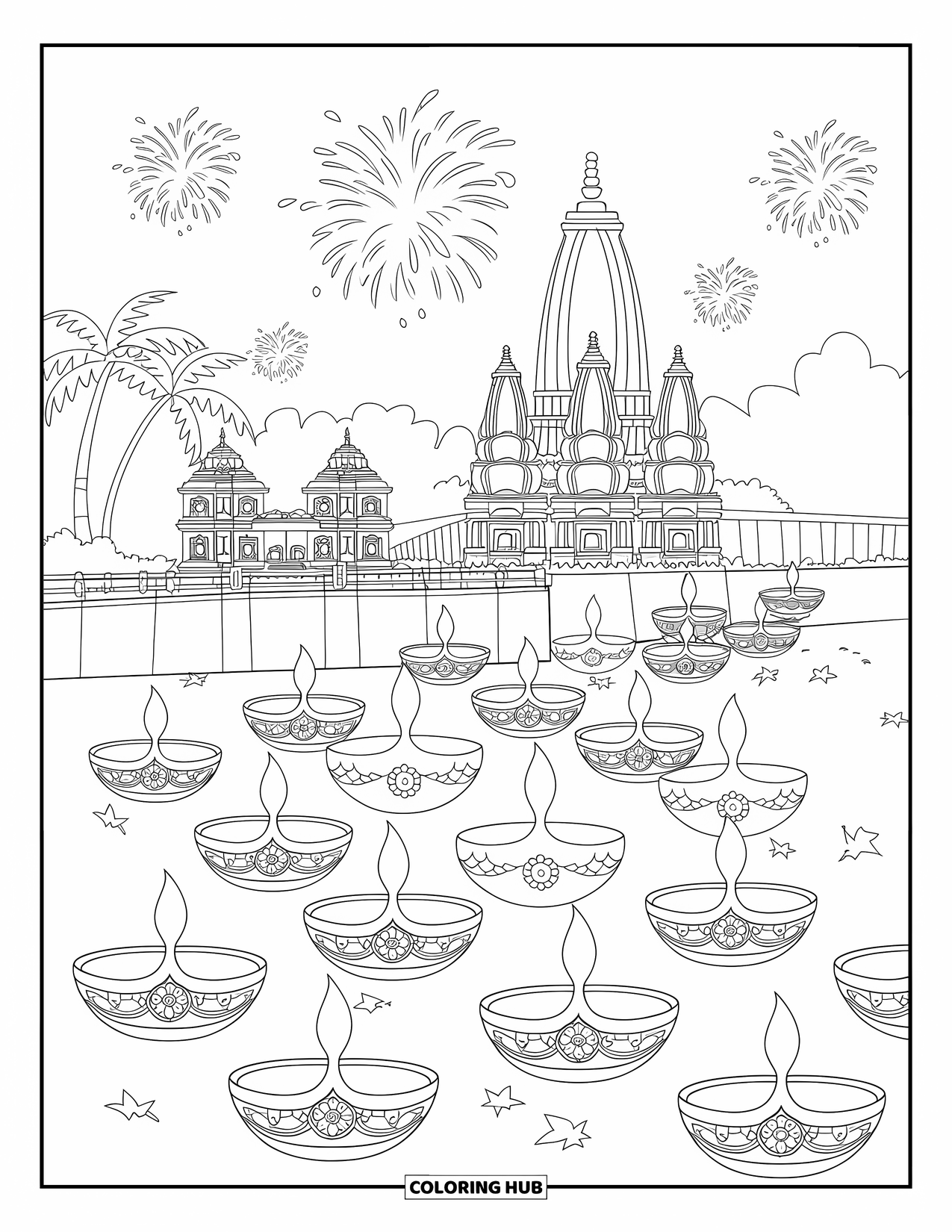 India Coloring Page for Kids: Diwali scene with diyas, temple towers, and fireworks