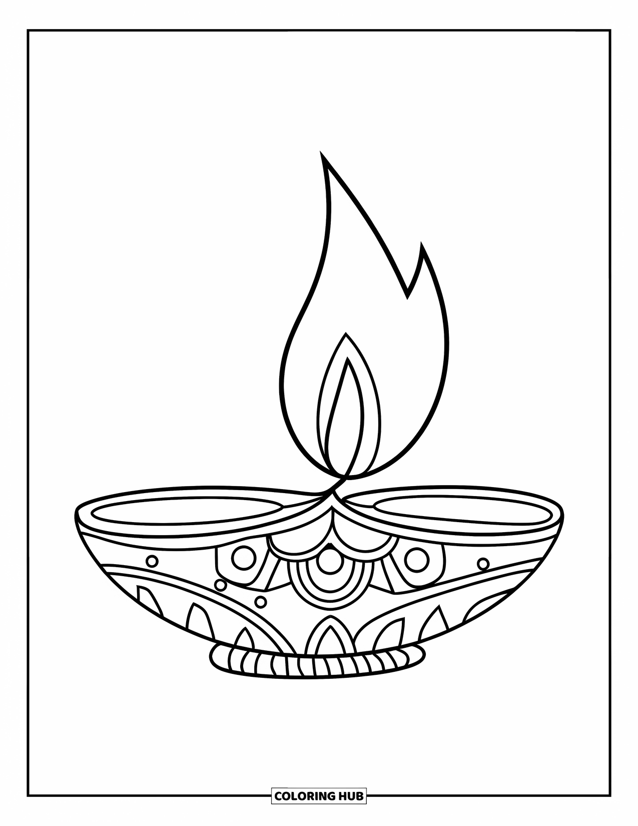 India Coloring Page for Kids: Diya lamp with big flame and decorative base