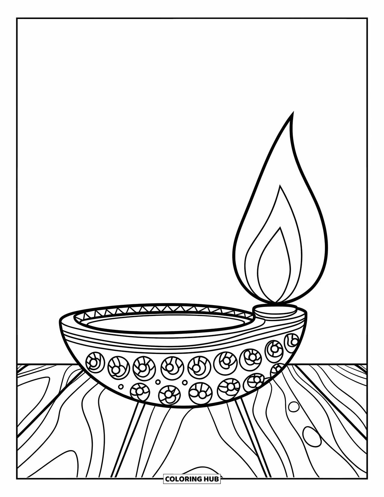 India Coloring Page for Kids: Diya lamp with flame on a wooden surface