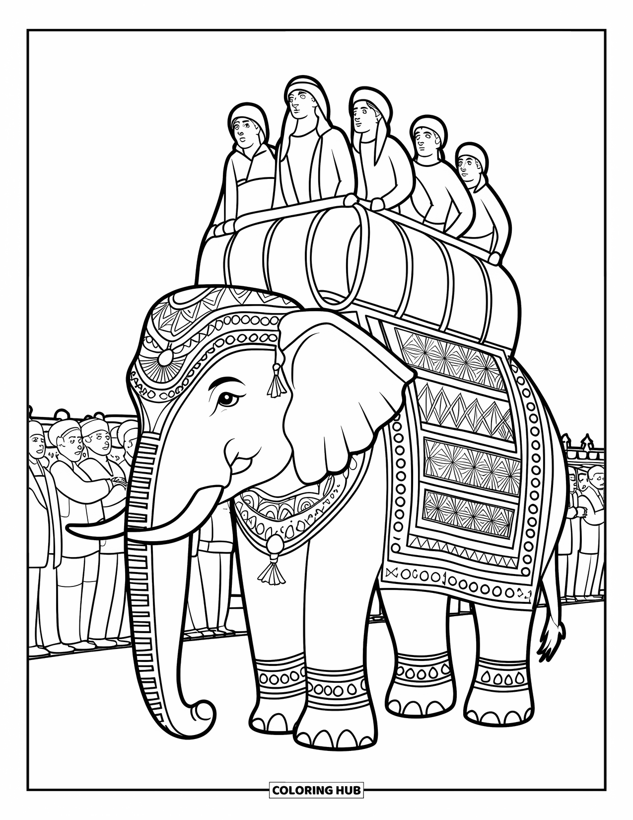 India Coloring Page for Kids: Elephant in a festival parade with ornate designs
