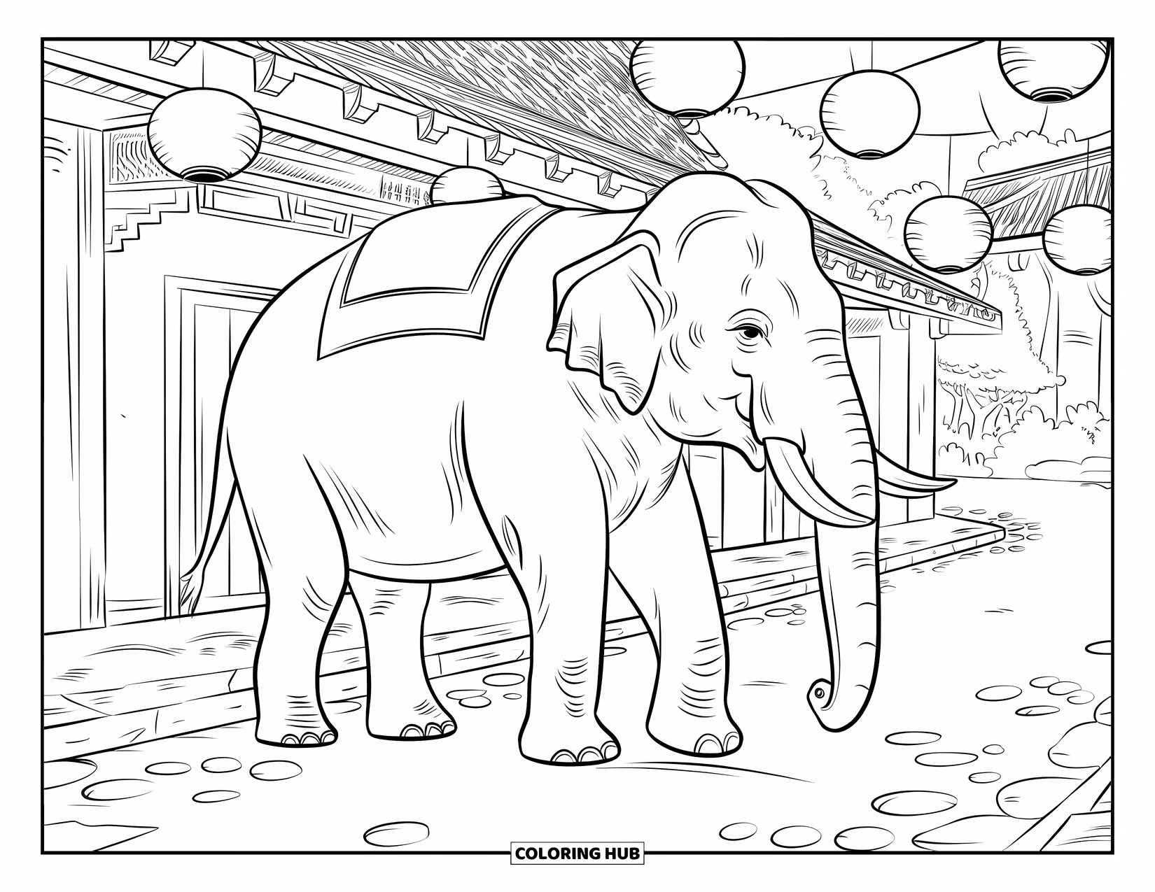 India Coloring Page for Kids: Elephant with lanterns and village buildings