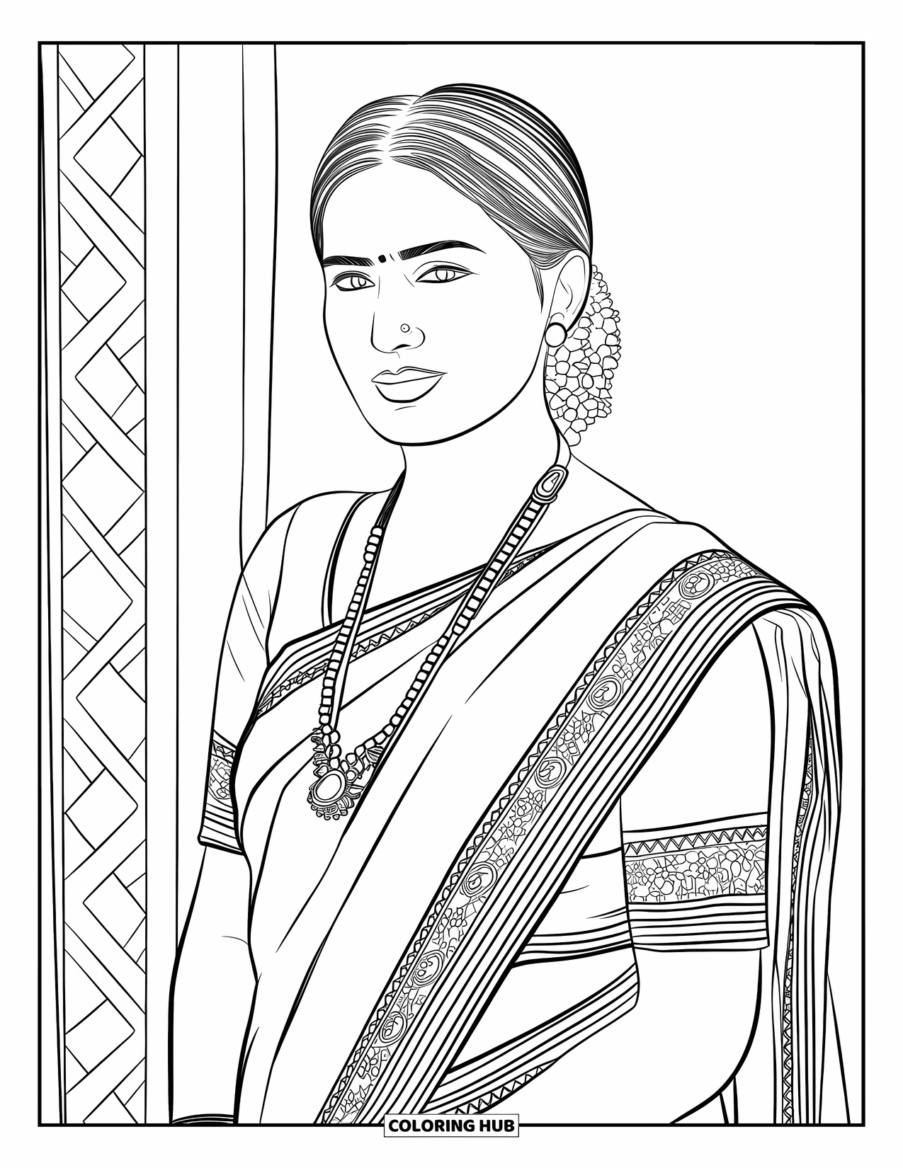 India Coloring Page for Kids: Graceful woman in a saree with bun and jewelry