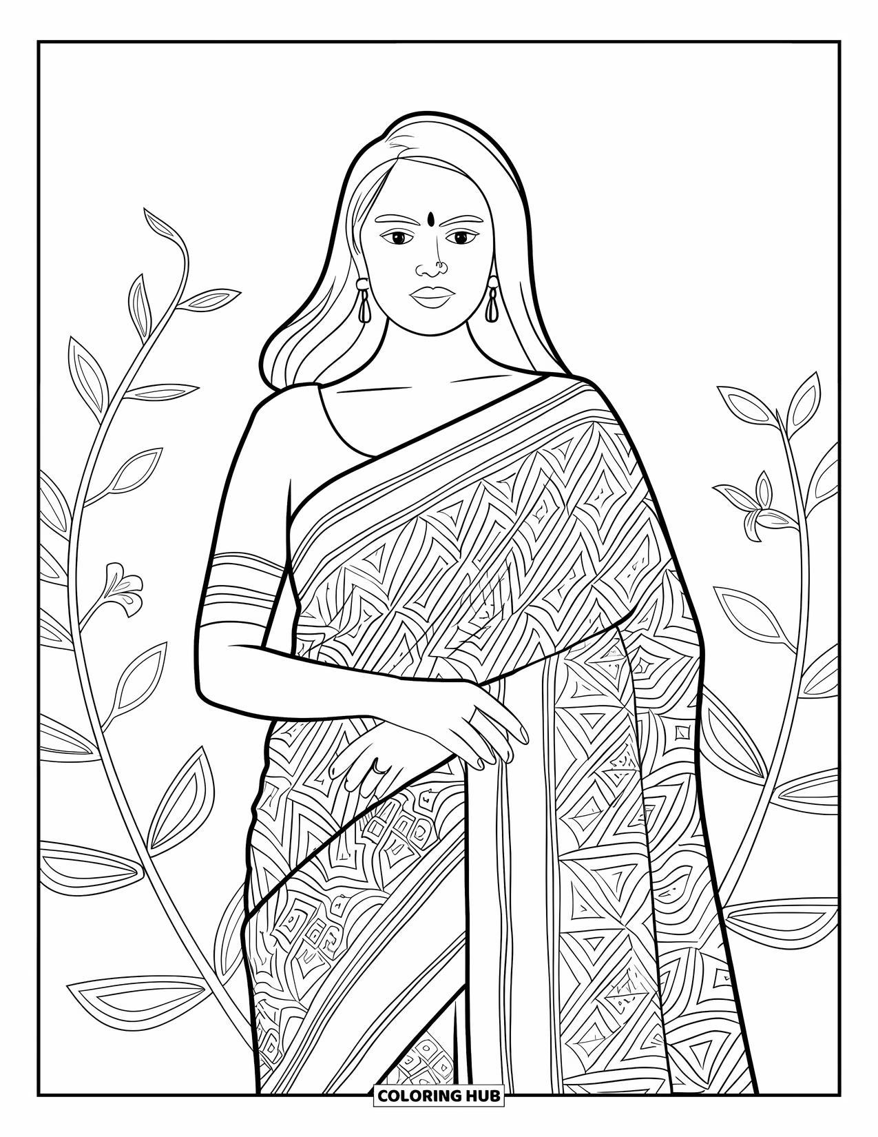 India Coloring Page for Kids: Indian woman in a saree with earrings and long hair