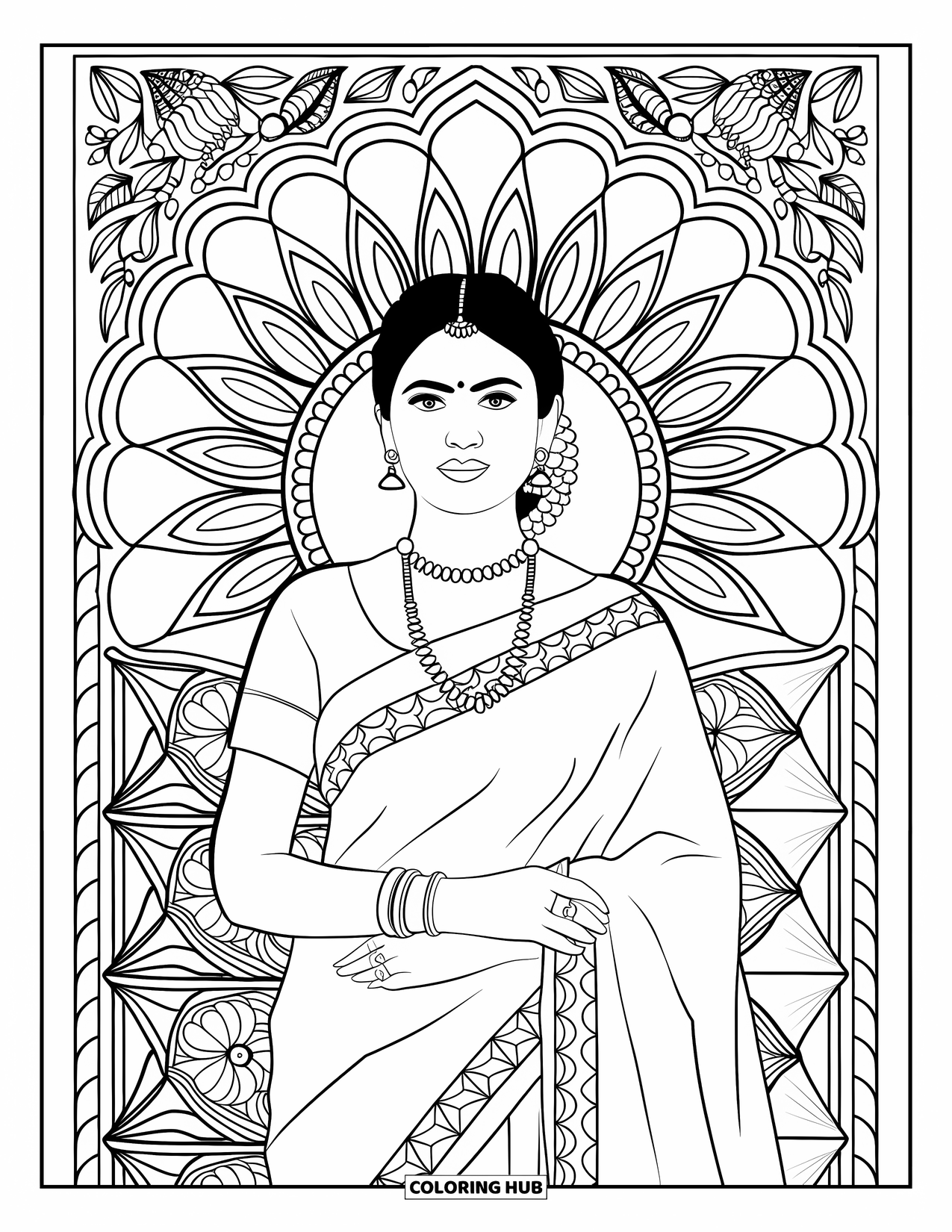 India Coloring Page for Kids: Indian woman with tied hair and traditional jewelry