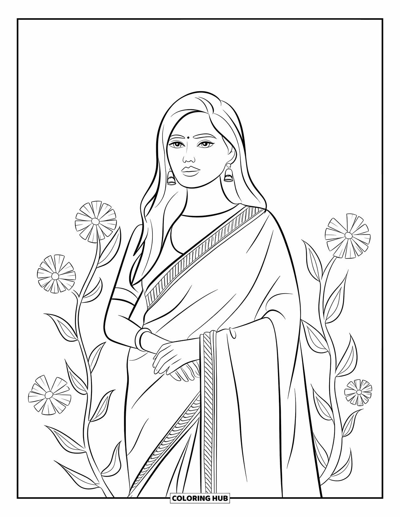 India Coloring Page for Kids: Serene woman in a saree with flowers around her