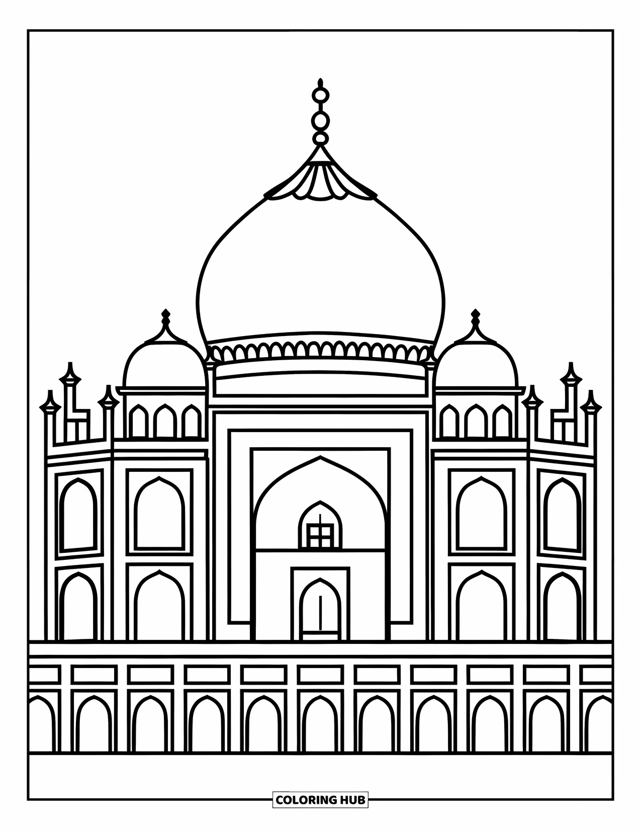 India Coloring Page for Kids: Simple Taj Mahal with domes and large windows