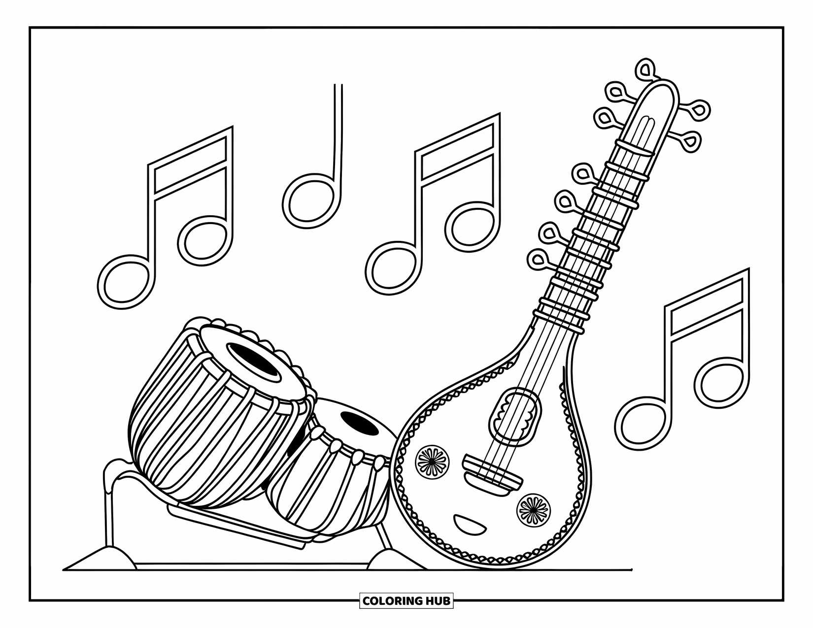 India Coloring Page for Kids: Tabla and sitar with floating musical notes