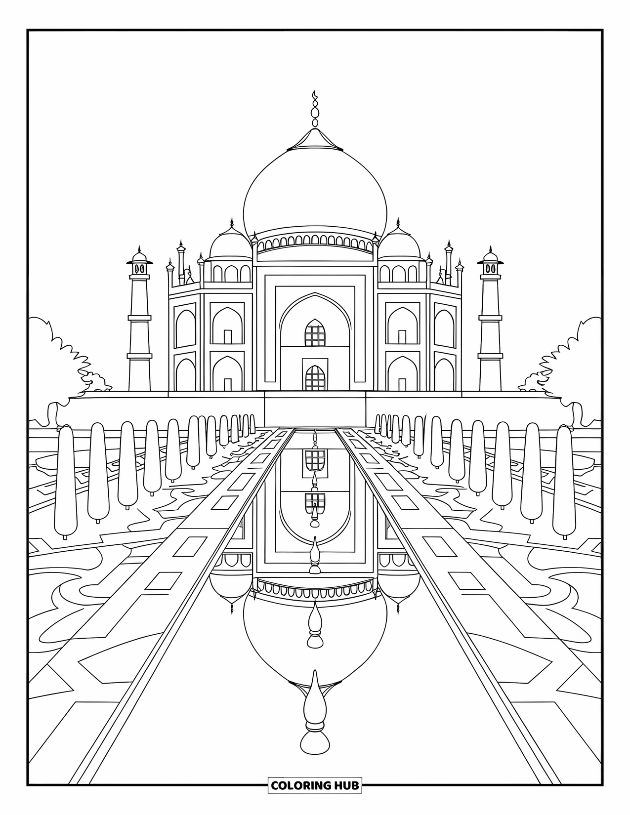 India Coloring Page for Kids: Taj Mahal mirrored in a reflection pool