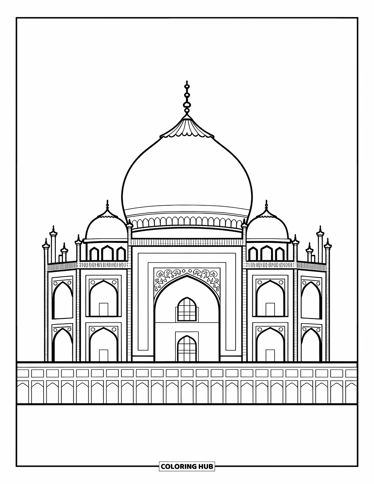 India Coloring Page for Kids: Taj Mahal with carvings, domes, and lush garden