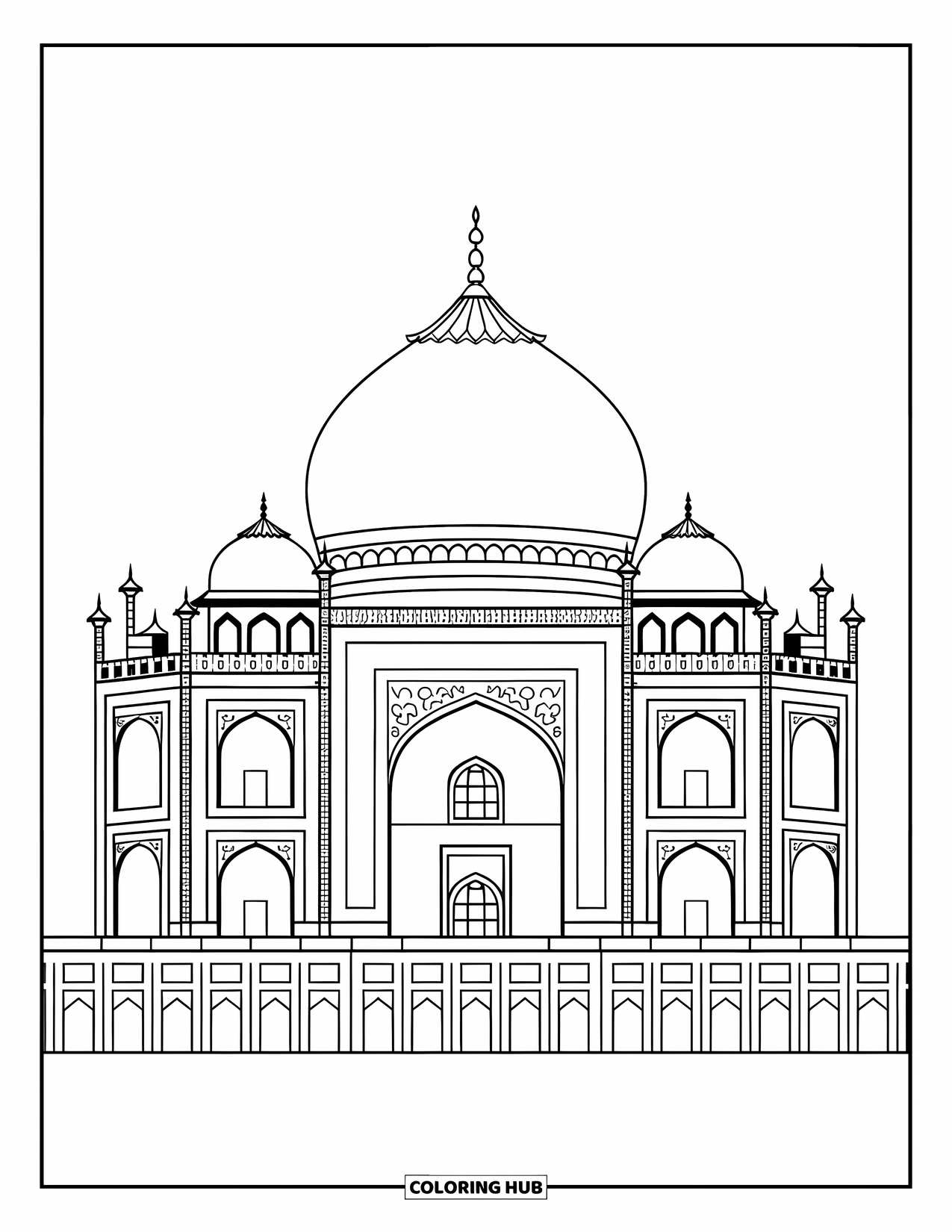 India Coloring Page for Kids: Taj Mahal with domes and garden setting