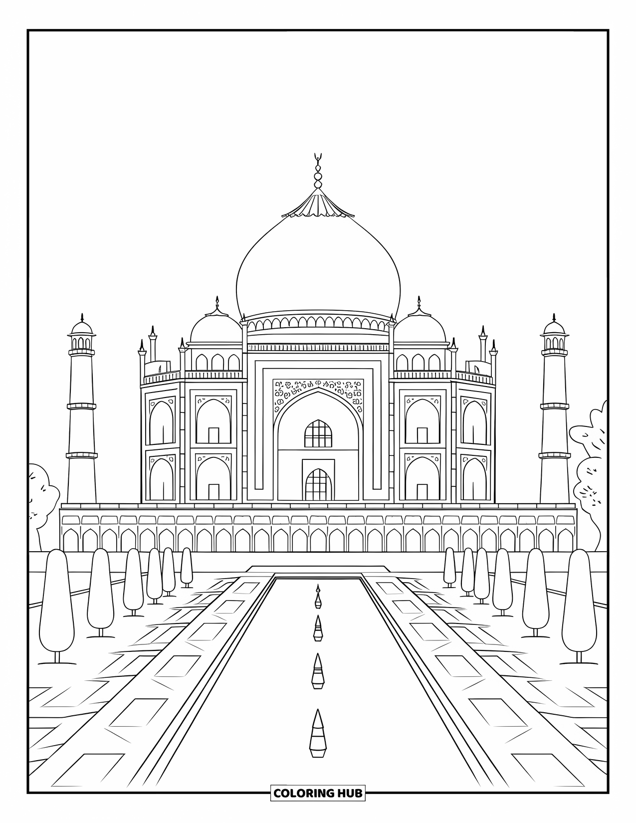 India Coloring Page for Kids: Taj Mahal with reflecting pool and arches