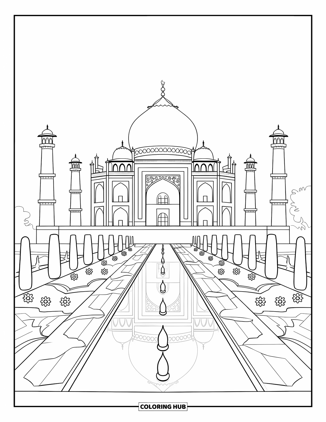 India Coloring Page for Kids: Taj Mahal with symmetrical gardens and pool