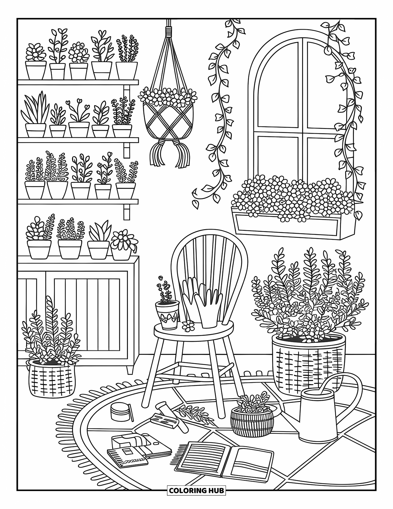 Interior Design Coloring Page for Adults: A bright garden haven with plants, baskets, chair, and gardening items