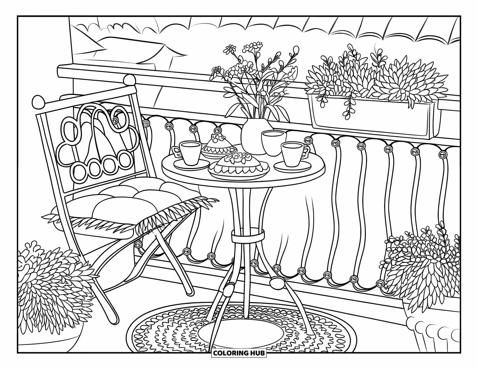 Interior Design Coloring Page for Adults: A cozy balcony with tea, flowers, lights, and cushioned seating