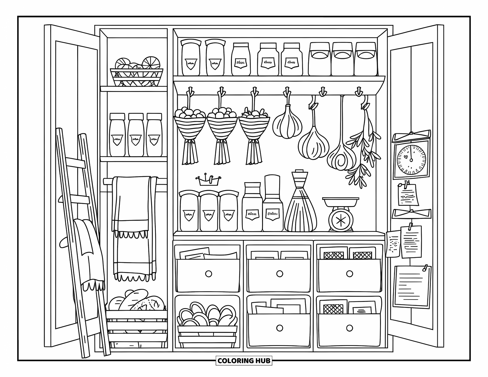 Interior Design Coloring Page for Adults: A pantry with jars, baskets, garlic, onions, and recipe cards